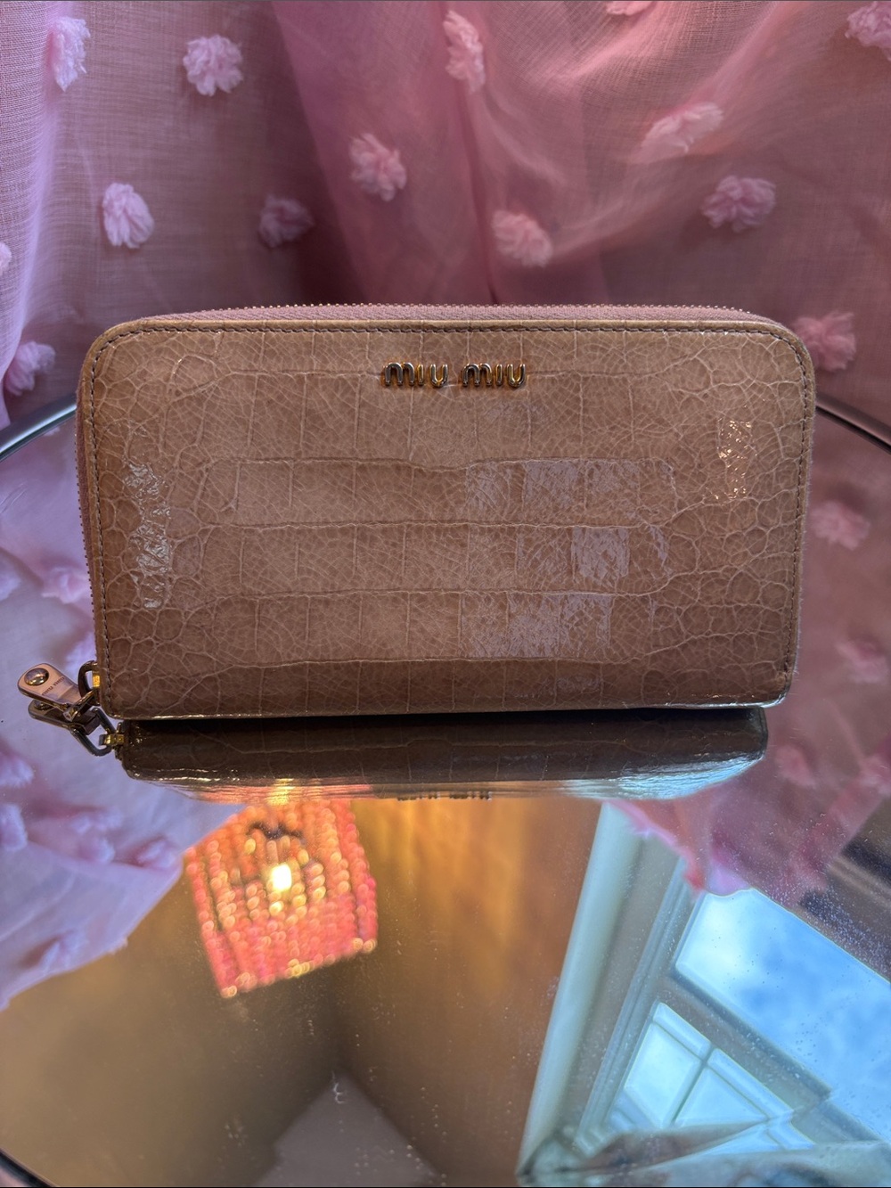Authentic Miu Miu Croc-Embossed Leather Zip-Around Wallet